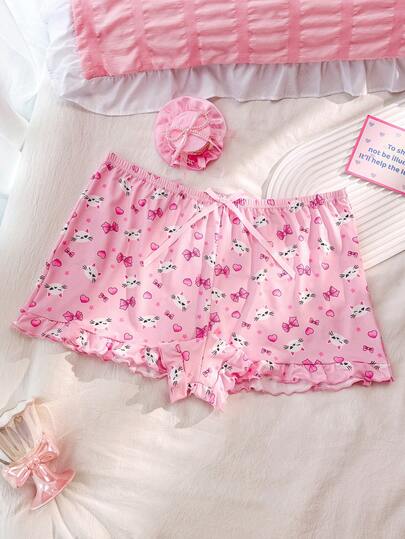PetitDoll Plus Size Women's Comfortable Home Cute Cat Heart Bowknot Frill Trim Briefs