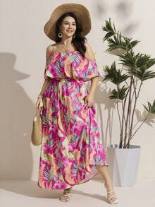 Comfylo 长款露肩波西米亚风印花连衣裙，适合大码女性夏季度假穿搭，也适合节日、沙滩、夏季等场合。这款连衣裙是母亲节的理想之选，适合休闲度假、休闲穿着。 - 玫紅色 - 查看 6