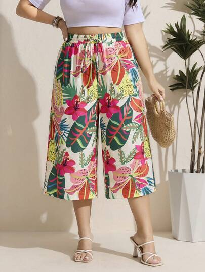 Comfylo Plus Size Contrast Color Elastic Waist Drawstring Loose Fashionable 7/8 Length Floral Wide Leg Pants