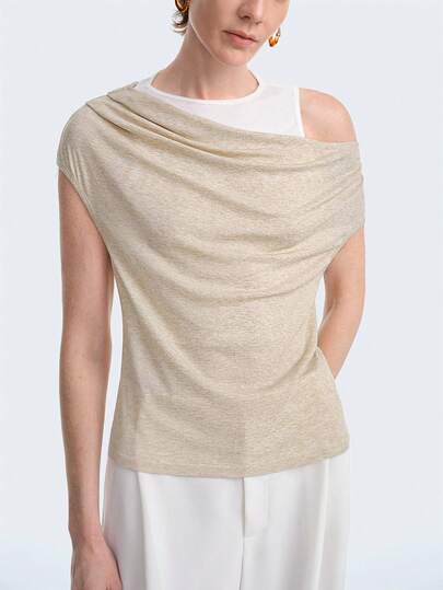 Aalyst Women's Asymmetric Neck Contrast Color Casual T-Shirt, Elegant And Fashionable For Outings, Suitable For New Year, Valentine's Day, Easter, Mother's Day, Middle East Weddings, Workplace, Romantic Vacations, Summer