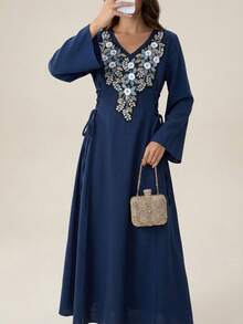 Đầm xòe kiểu Ả Rập thắt eo, thêu và đính cườm cầu kỳ dành cho nữ. - Xanh đậm - Xem 3