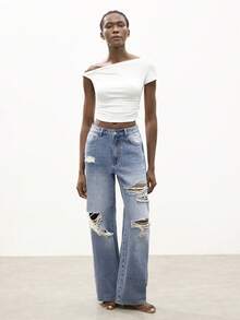 Maija Jeans rectos de mujer con lavado desgastado y efecto desgastado - Azul - Ver 4