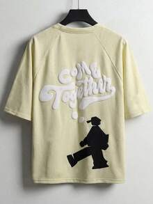 PAVTROS 男士字母压纹圆领插肩短袖休闲宽松T恤，男士超大号泡沫印花人物趣味标语T恤，情人节，春夏，送男友的礼物，狂欢节，复古，街头服饰，派对，圣帕特里克节，外出 - 卡其色 - 查看 3