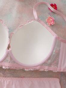 Elorette 2pcs Set Bra Balconette Nyaman dengan Kawat Penyangga dan Bantalan, Motif Bunga Bordir, 3/4 Cup, Lucu, Segar, Romantis, Punggung Terbuka, Dekorasi Pita, Set Pakaian Dalam Ukuran Besar - Berwarna merah muda - View 9