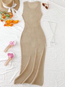 Franclia New Sexy Bikini, Casual Daily Beach Wear, Sleeveless Minimalist Knit Vacation Dress, Elegant Casual Style, Fishnet Texture, French Chic Sexy Girl, Bohemian Style, Versatile High-End Women Sweater Dress - Apricot - View 2