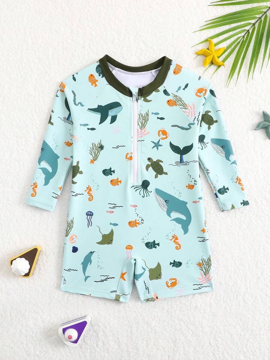 Baby Boys Swimwear - Infant & Toddler (Boys) Swimming Suit. Light Blue, Dark Green, And Orange-Blue Color Block With Marine Life Patterns. Stretchy Quick-Dry Fabric, Skin-Friendly And Breathable. Long-Sleeve One-Piece With Zipper, Color Block Round Neck Design. Single-Piece Set, Playful Ocean Theme. Comfortable And Breathable, Perfect For Baby Boys' Swimming. Ideal For Summer Beach Vacations, Pool Fun, And Seaside Trips. Fashionable, Casual, And Stylish. Suitable For Swimming, Summer Holidays, Beach Outings, Pool Parties, And Leisure Vacations.  Baby Dinosaur Swimsuit Toddler Beach Clothes Long Sleeve Toddler Swimsuit Baby Boy Rash Guard Baby Boy Swimsuit Zipper Sea Animal Baby Clothes Baby Casual Zipper Romper Toddler Zip Up Pajamas Baby Boy Clothes Dinosaur - Mint Green - View 1