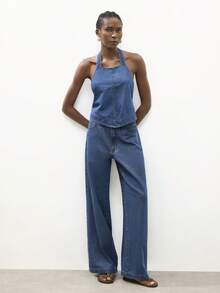 Maija 女士可调节露背吊带牛仔短款上衣，夏季 - 藍色 - 查看 6