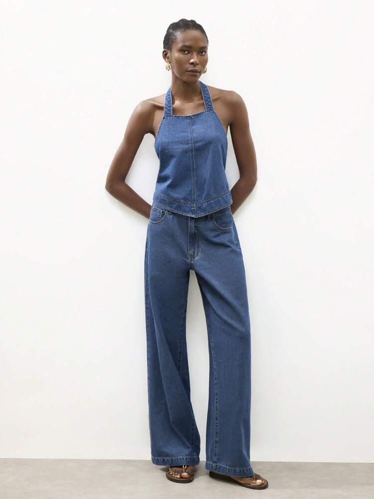 SHEIN Maija Women's Adjustable Backless Halter Neck Denim Crop Top, Summer