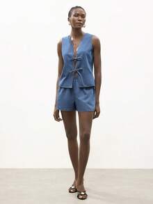 Maija Bộ đồ nữ mùa hè kiểu dáng thường ngày gồm áo vest buộc dây và quần short denim. - Rửa trung bình - Xem 7
