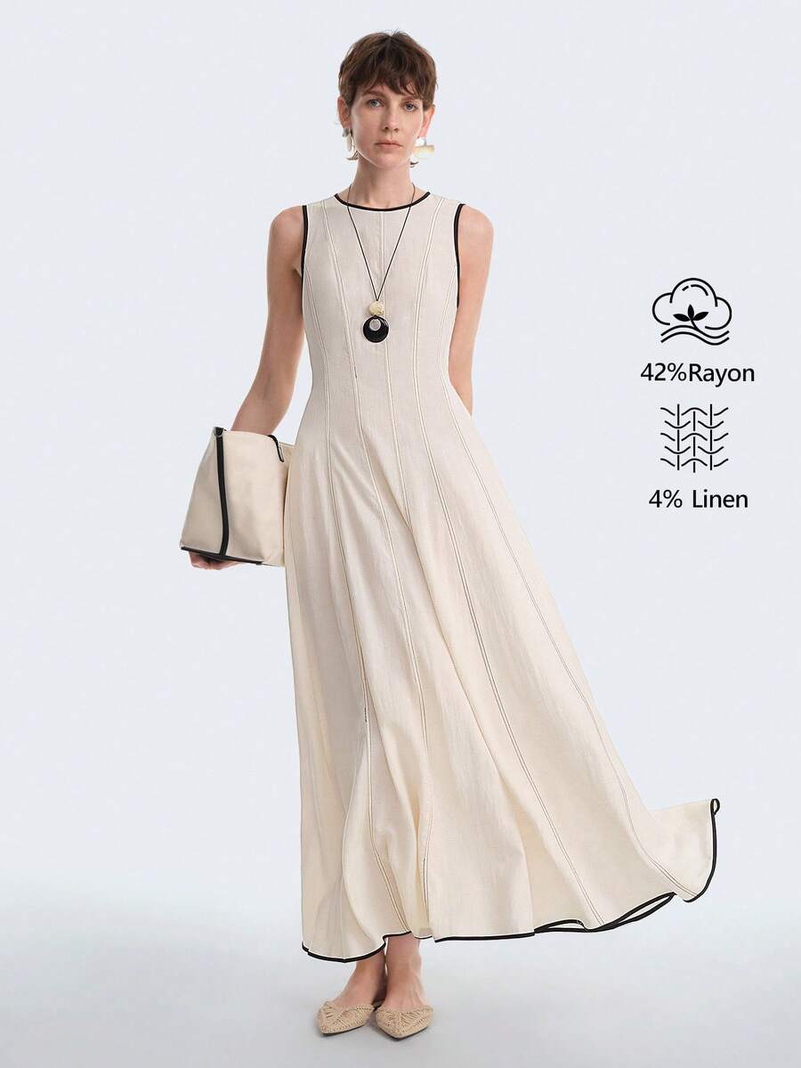Aalyst Women's Solid Color Round Neck Black Contrast Trim Sleeveless A-Line Waist Elastic Adjustable Waist Seam Contrast Stitching Apricot Long Dress, Elegant French Retro Romantic Minimalist Formal Office Commute Business Casual Beach Holiday Street Style Afternoon Tea Comfortable Daily Casual Holiday Middle Eastern Spring Summer New