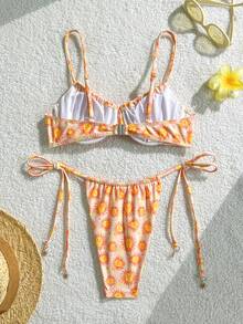 Swim Mod 女士泳装套装，向日葵软杯钢圈系带款，夏季假日沙滩两件套 - 彩色 - 查看 2