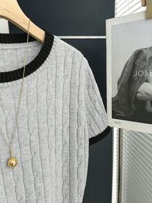 Franclia 新款休闲宽松韩版圆领撞色绞花针织套头毛衣，女款，春秋季 - 淺灰色 - 查看 3