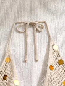 Franclia 新款性感修身沙滩度假风波西米亚优雅甜美度假风露背V领亮片个性闪亮魅力休闲百搭比基尼性感女士慵懒法式复古女式两件套毛衣套装，夏季 - 卡其色 - 查看 3