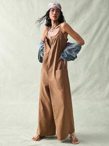 SoleilVie Deep Brown Textured Square Neck Sleeveless Front Button Loose Wide Leg Jumpsuit, Casual Chic Commuting Piece - Khaki - View 1
