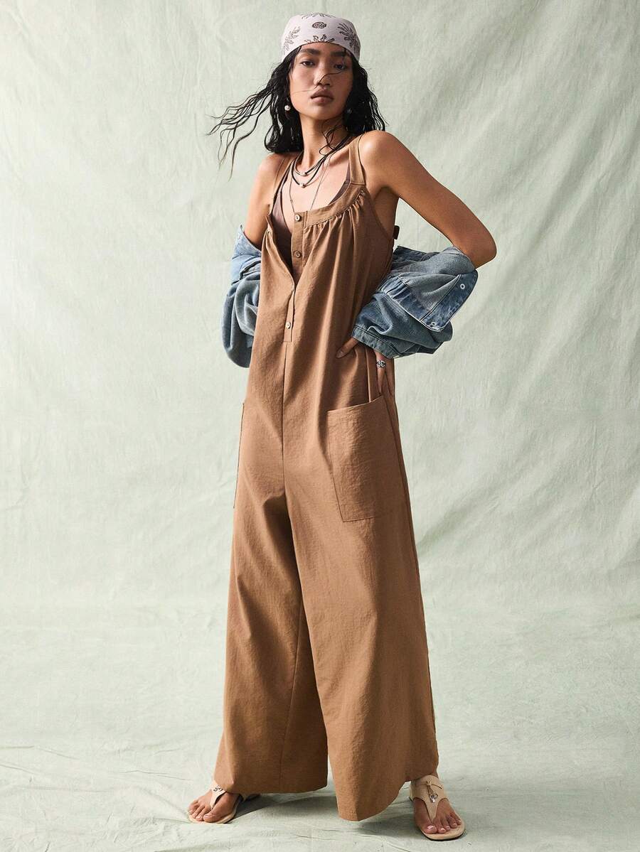 SoleilVie Deep Brown Textured Square Neck Sleeveless Front Button Loose Wide Leg Jumpsuit, Casual Chic Commuting Piece - Khaki - View 1