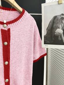 SHEIN Franclia 新款夏季休闲个性拼接撞色优雅针织女式衬衫 - 粉色 - 查看 3