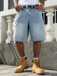 Manfinity EMRG Men's Casual Street Style Blue Denim Printed Shorts - Light Wash - View 2