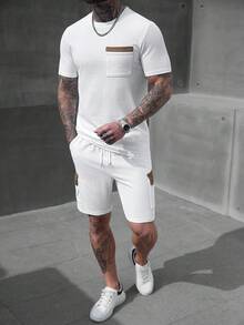 Manfinity Homme Men's 2 Pieces Outfits White And Brown,Summer Casual Vacation Short Sleeve Crew Neck Pocket T-Shirt And Slant Pocket Shorts Set Co Ord Sweatsuit - Grey - View 3