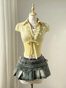 Elamini Women's Black & White Striped Hem Patchwork Design Button-Up Ruffle Collar Short Sleeve Fitted Blouse, Sexy Retro European And American Style - Yellow - View 4