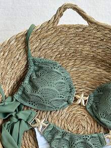 Swim Vcay 2pcs Women's Sage Green Bikini Set,Summer Casual Vacation Holiday Textured Fabric Metal Accessory Adjustable Spaghetti Strap Top&Side Tie Bottom - Army Green - View 5