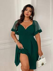 Femmeverse Đầm chữ A phối lưới mới dành cho nữ cỡ lớn, tôn dáng và thanh lịch. - Màu xanh lá cây đậm - Xem 4