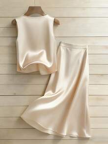 Franclia 2pcs Set:Pearl Decor Elegant Scoop Neck Camisole Top & Satin A-Line Skirt,Summer Outfits For Women,Classy Cream Tea Party Outfit,Formal Vest Skirt Set - Apricot - View 2