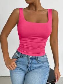 SHEIN PETITE 荧光粉色方领无袖背心，适合演唱会、夜店、约会、舞会、锐舞派对、生日派对、派对必备、基础款、外出、休闲针织等各种场合。 - 粉色 - 查看 4