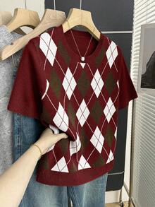 Franclia New Arrival Spring/Summer Retro College Style Colorblock Plaid Knit Pullover Sweater For Women - Burgundy - View 8