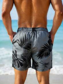 Manfinity Swimmode Men's Summer Vacation Tropical Print Drawstring Waist Slant Pocket Loose Beach Shorts - Light Grey - View 2