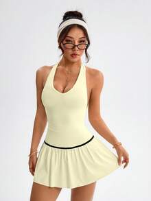 Dewbera Women's Backless Halter Mini Sporty Dress - Pale Yellow - View 7