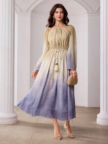 Modelyn 女士优雅浪漫长款雪纺连衣裙，带领，串珠抽绳腰带，春夏款 - 彩色 - 查看 3