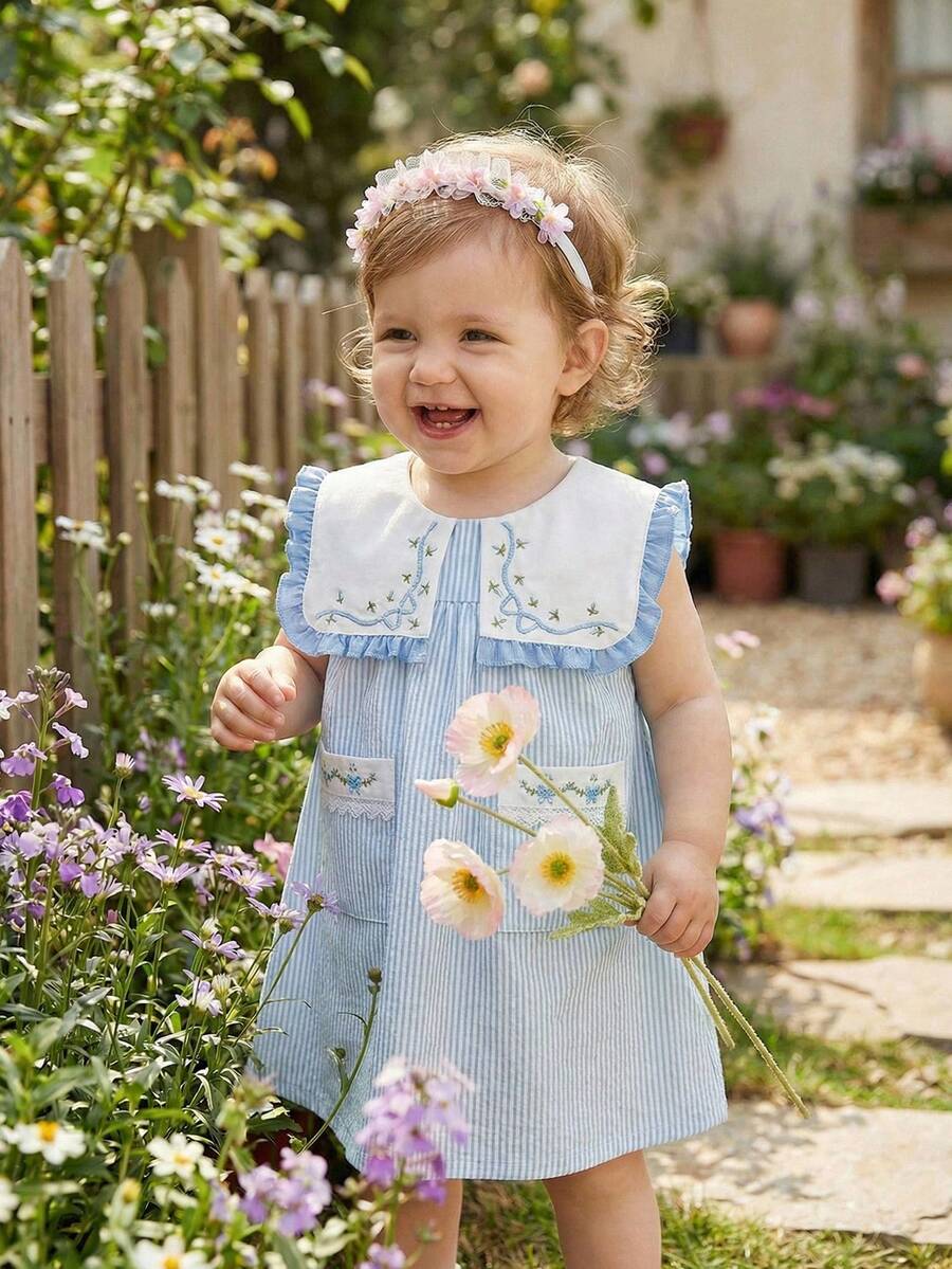 Souflis Souflis 女婴夏季新款可爱彼得潘领蝴蝶结刺绣花边口袋前开襟公主裙，甜美休闲时尚 - 藍色 - 查看 1