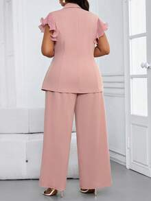 SHEIN Lady CURVE Bộ đồ nữ cỡ lớn màu trơn cổ ve lật thắt eo và quần ống rộng kiểu dáng thường ngày. - Hồng - Xem 2