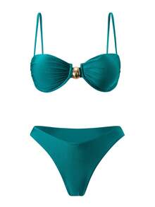 Swim Chiccia 春夏三件套：纯色钢圈可调节吊带上衣、高腰比基尼泳裤和网纱裙，女士优雅泳装套装，适合海滩度假 - 青碧色 - 查看 5