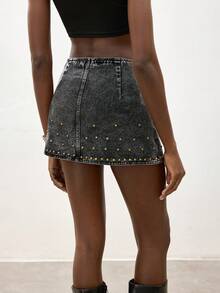 Maija Women's Black Denim Midi Skirt With Metal Stud Embellishments, Y2K Style Rock-Inspired Women's Clothing,Sexy Mini Studded Skirt - Black - View 3