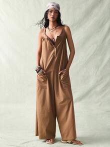 SoleilVie Deep Brown Textured Square Neck Sleeveless Front Button Loose Wide Leg Jumpsuit, Casual Chic Commuting Piece - Khaki - View 3