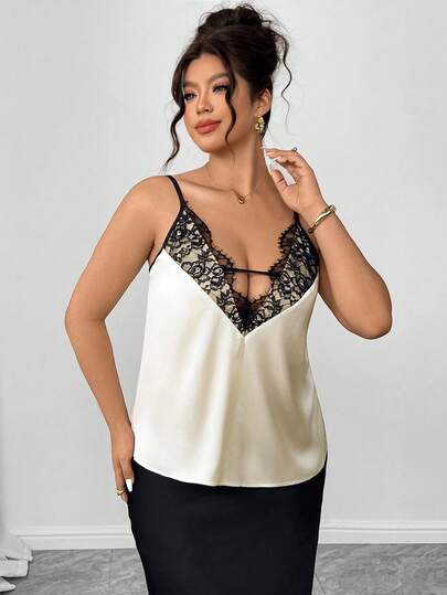 Elenzga 大码女式蕾丝拼接缎面亮面吊带背心，性感优雅度假风百搭杏色吊带背心