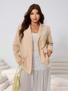 SHEIN EZwear Plus Size Versatile Loose Fit Cotton Blend Blazer,Beige Summer Smart Casual Formal Jacket For Weddings,Parties,Graduations,Streetwear,Apricot Color - Apricot - View 1