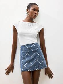 Maija Women's Casual Beaded Denim Mini Skirt, Summer - Medium Wash - View 6