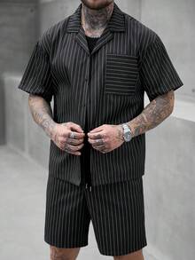 SLATEMANN Men's Black Striped Casual Vacation Shirt And Shorts Set, Spring/Summer - Black - View 1