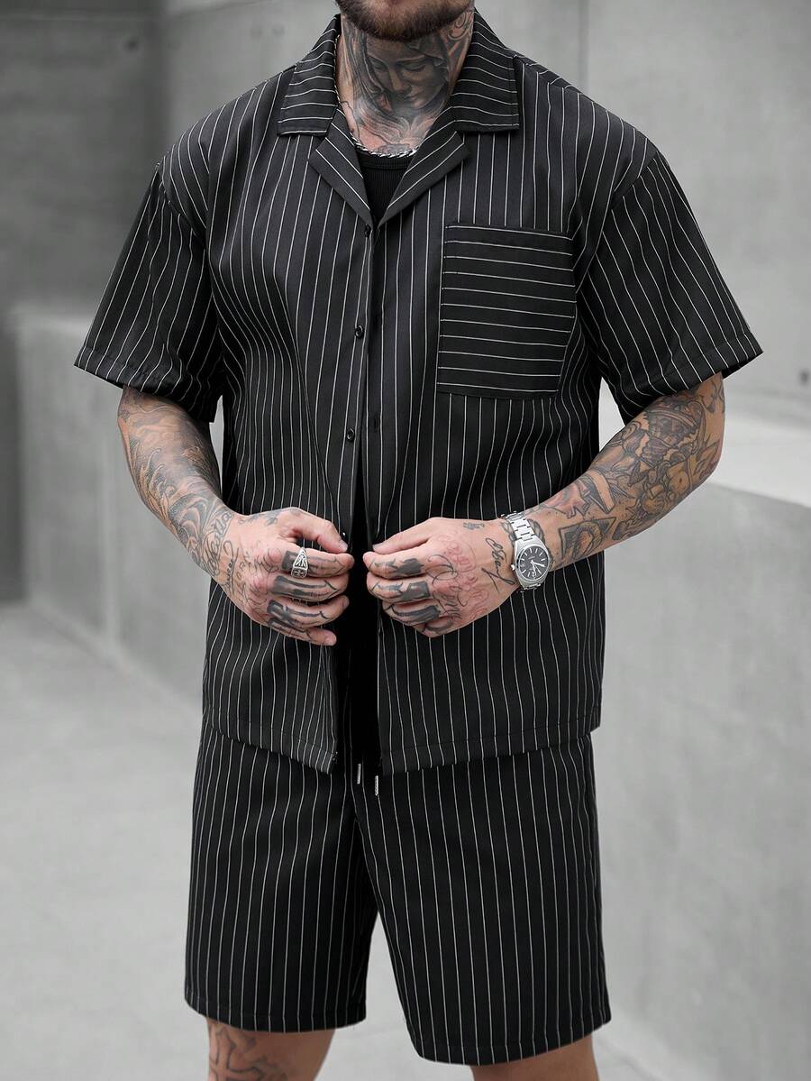 SLATEMANN Men's Black Striped Casual Vacation Shirt And Shorts Set, Spring/Summer - Black - View 1