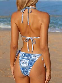 Swim Mod Women's Fashionable Printed Tie-Front Sexy Bikini Swimsuit, Spring/Summer - Blue - View 2