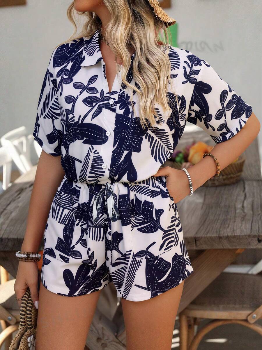 SHEIN LUNE Women's Summer Vacation Casual Botanical Print Lapel Waist Jumpsuit - Navy Blue - View 1