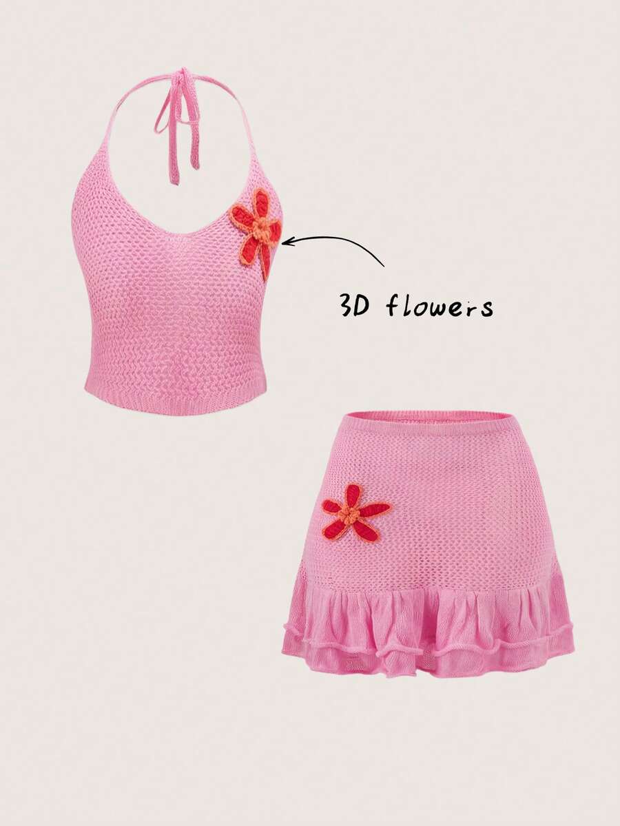 Trelyra 新款夏季欧美性感修身V领海星印花上衣和半裙两件套，波西米亚浪漫度假宽松休闲装 - 玫紅色 - 查看 1