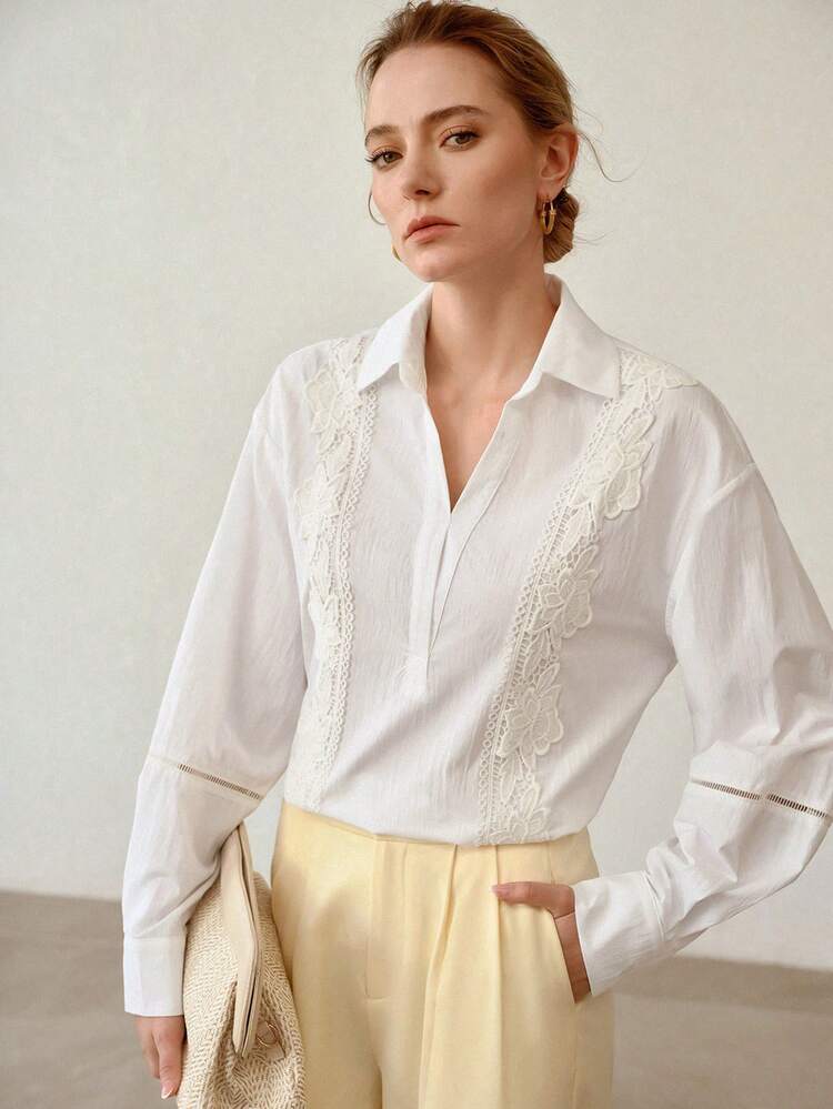 PATCHWORK LACE DROP SHOULDER LOOSE WHITE BLOUSE