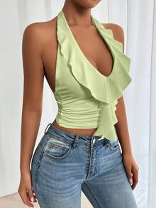 Zolique Áo tank top nữ cổ yếm buộc dây, viền bèo nhún, màu trơn, xếp ly - màu xanh lá - Xem 4