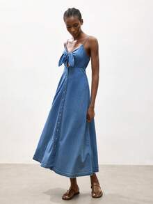 Maija Women's Summer Casual Lace-Up Hollow Out Strap Denim Dress - Light Wash - View 3