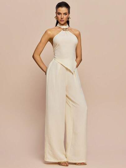 Olia Maree Olia Maree Apricot Textured Halter Neck Metallic Rhinestone Decor Waist Asymmetrical Hem Blouse + Matching Flowy Wide Leg Pants Commuter 2 Pieces Set