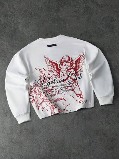 PAVTROS Men's Street-Style Popular INS Matching Angel Floral Element Retro Graffiti Style Outdoor Music Festival Nightclub Boyfriend/Husband Gift Anniversary Gift White Short Crew Neck Pullover Sweatshirt , Graphic Sweatshirt , Angel Graphic Sweatshirt, Spring To Summer,Summer,Vacation,Vintage,Going Out,Party,Festival,Gift For My Boyfriend,Streetwear,Workout