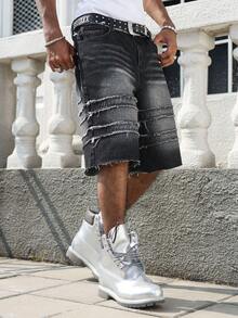 Manfinity EMRG Men's Casual Street Style Distressed Black Denim Shorts - Black - View 7